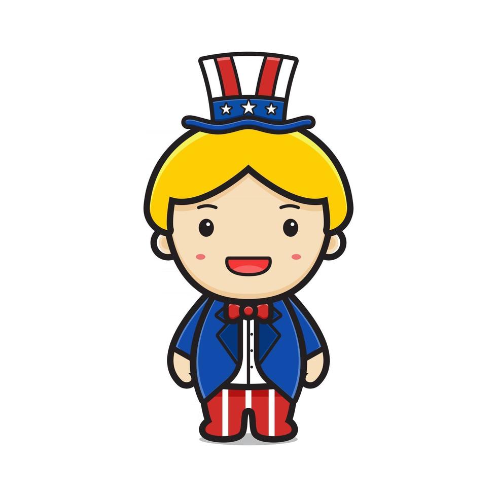 Chico lindo con traje de tío sam celebrar el día de la independencia de América icono de dibujos animados ilustración vectorial vector