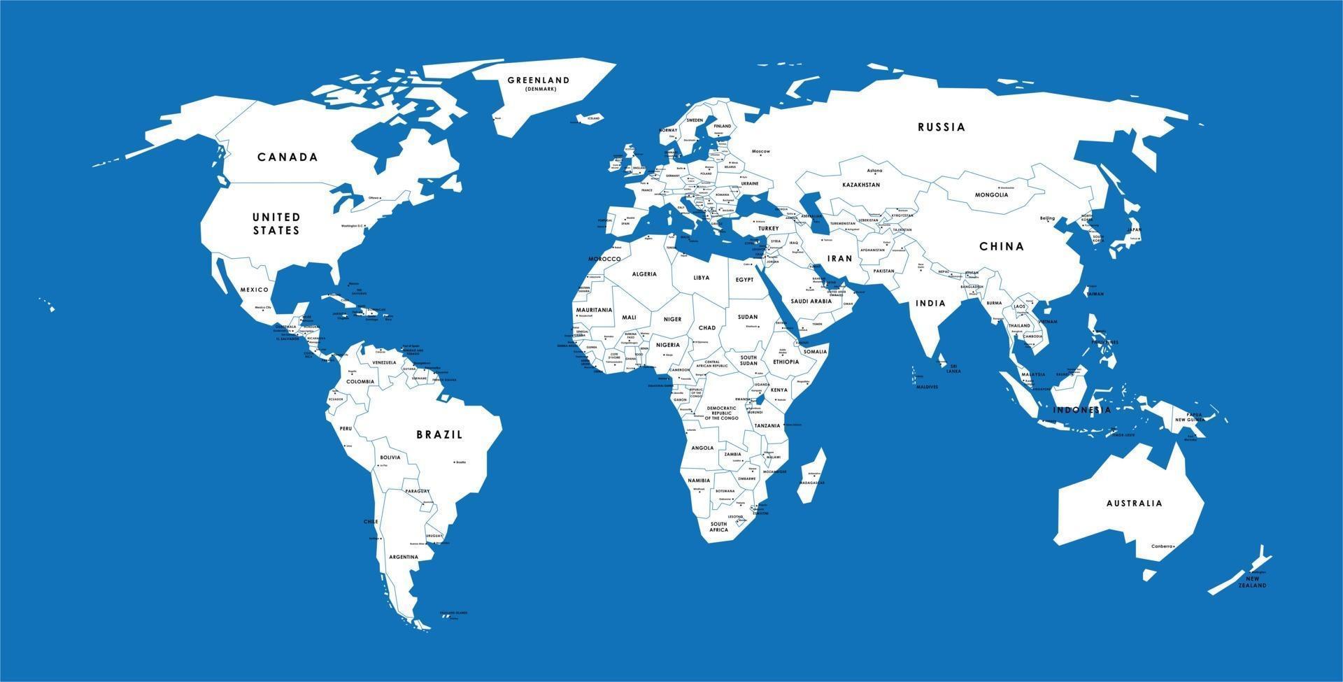 mapamundi vectorial azul completo con todos los nombres de países y ciudades capitales. vector