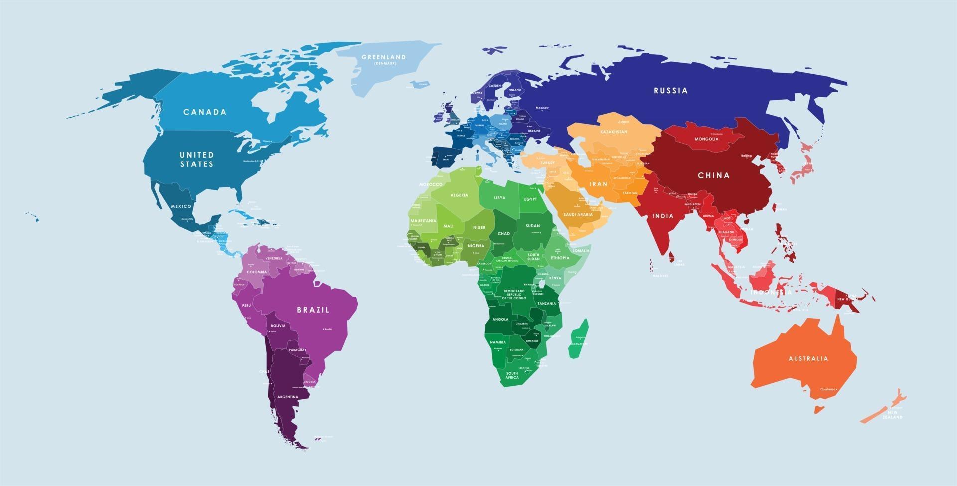 Mapa del mundo vectorial colorido completo con todos los nombres de países y ciudades capitales. vector