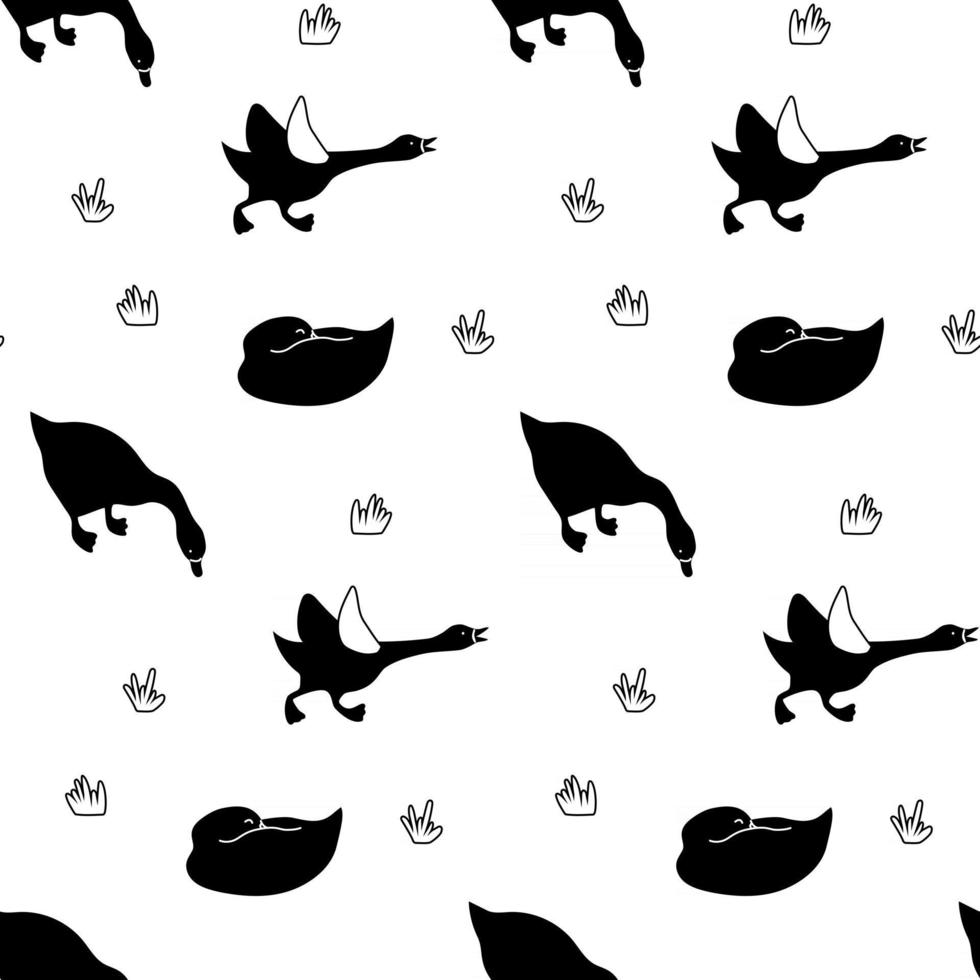 Goose seamless pattern in black and white. Isolated monochrome waterfowl domestic or wild bird ornament textile print vector