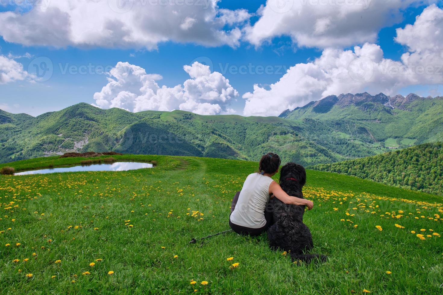 A girl with her big dog looks at the landscape in the mountains photo