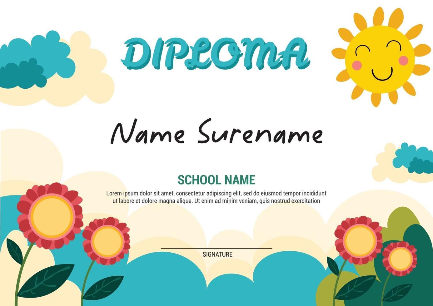 certificado de plantilla de diploma escolar y premios para niños premian flores y sol vector