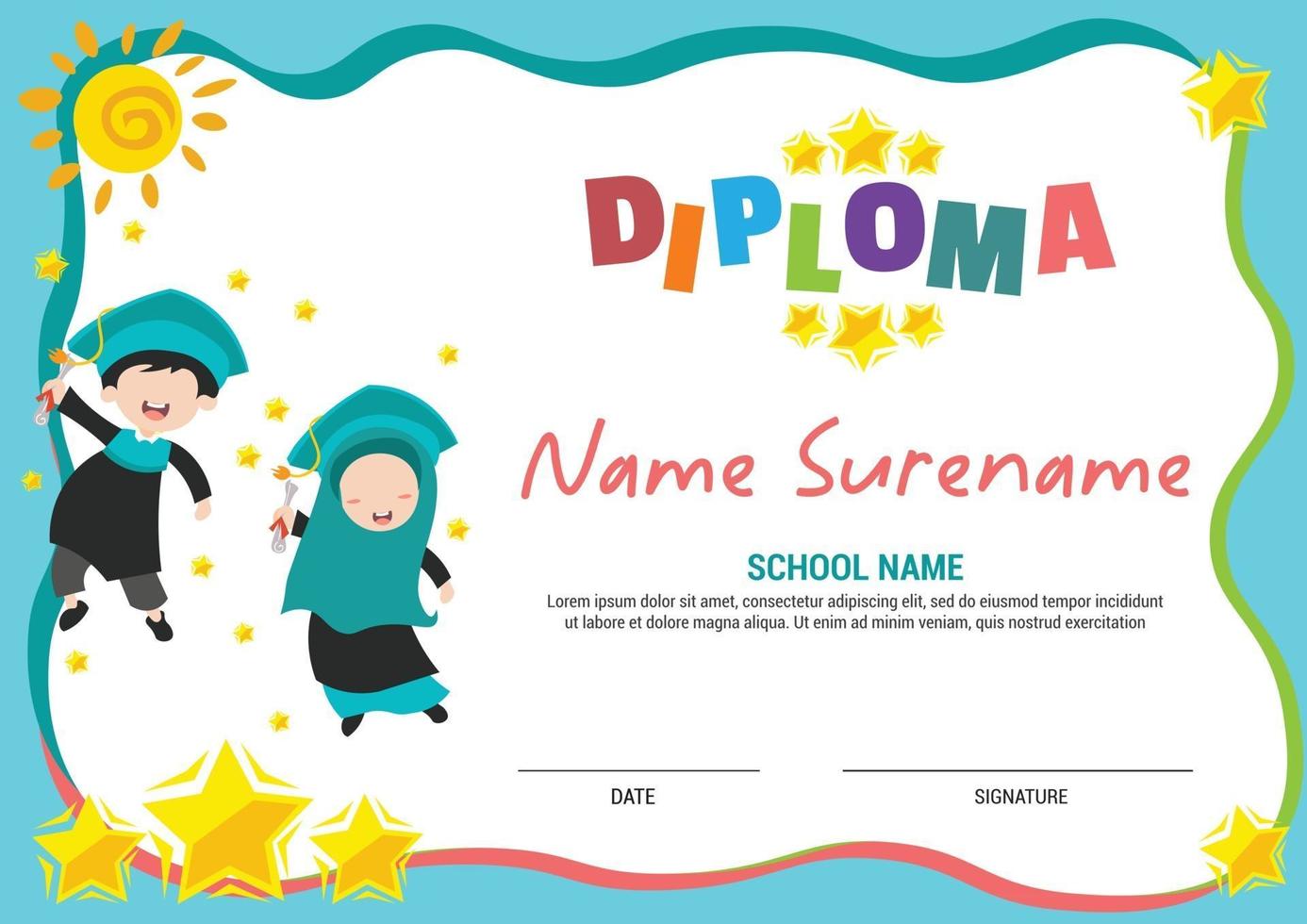 ulti propósito escuela diploma certificado plantilla premios para niños con niños felices musulmanes saltar con estrellas vector