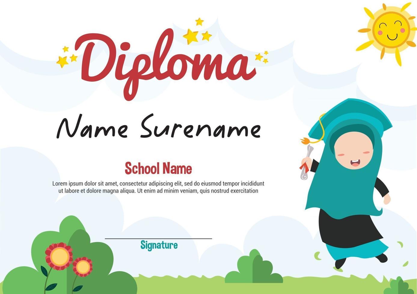 certificado de plantilla de diploma escolar y premios para niños otorgan una recompensa con un personaje musulmán de niña pequeña y feliz de la escuela vector