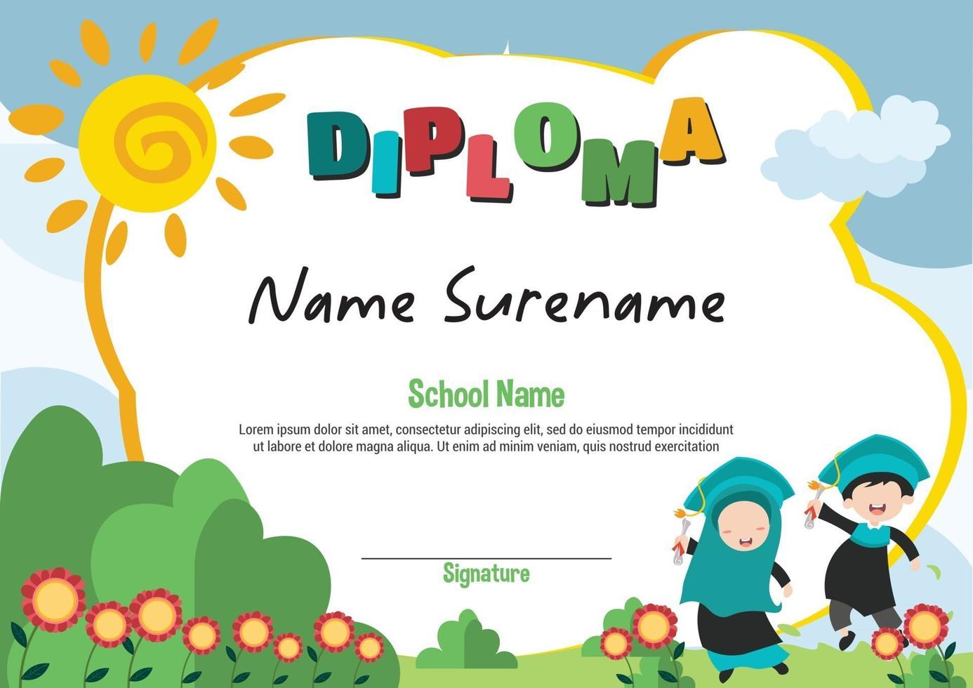 School and preschool diploma template certificate and awards for kids award apretiation with happy little school kids jump vector