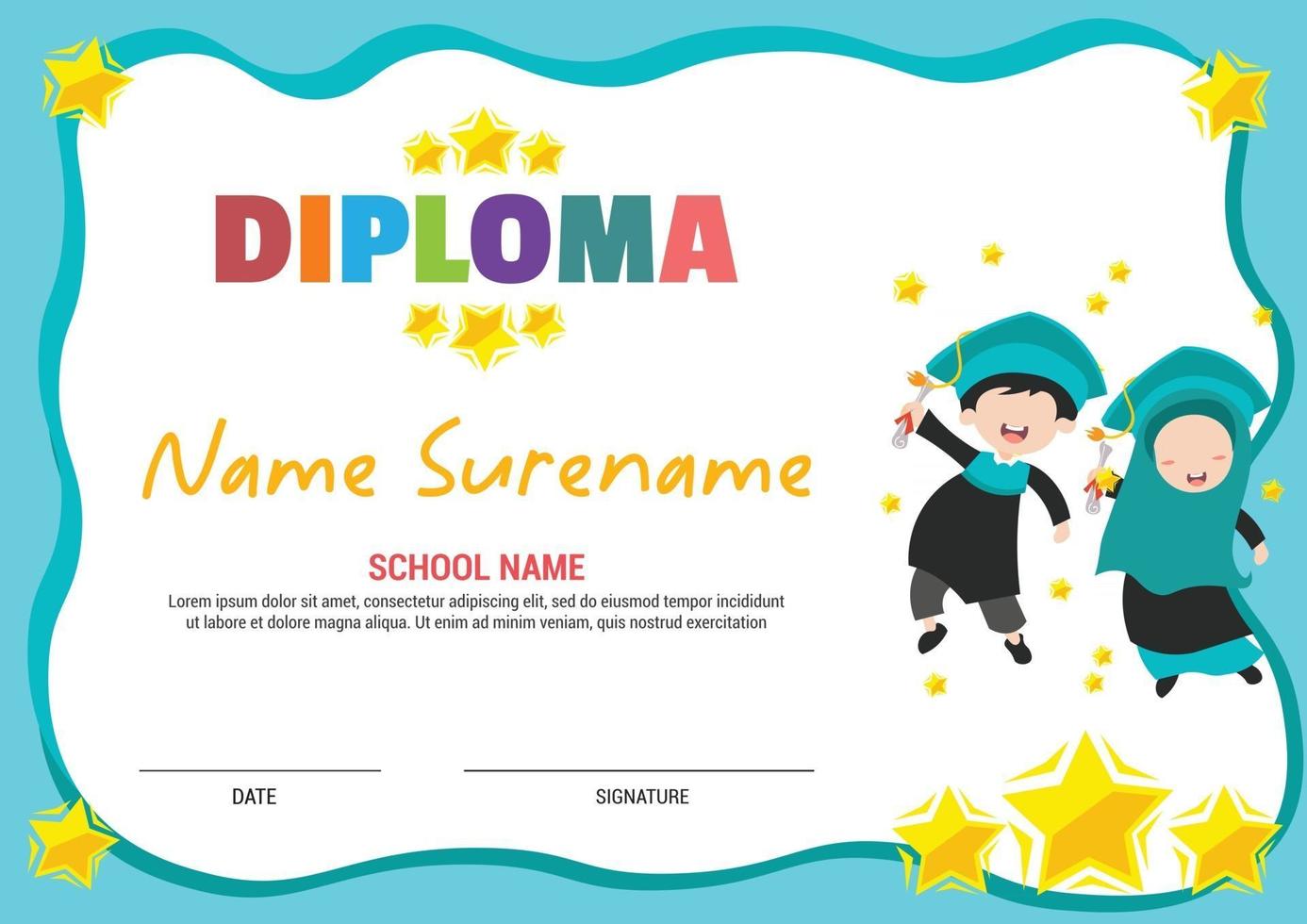 multi purpose school diploma certificate template kids awards with happy kids muslim jump vector