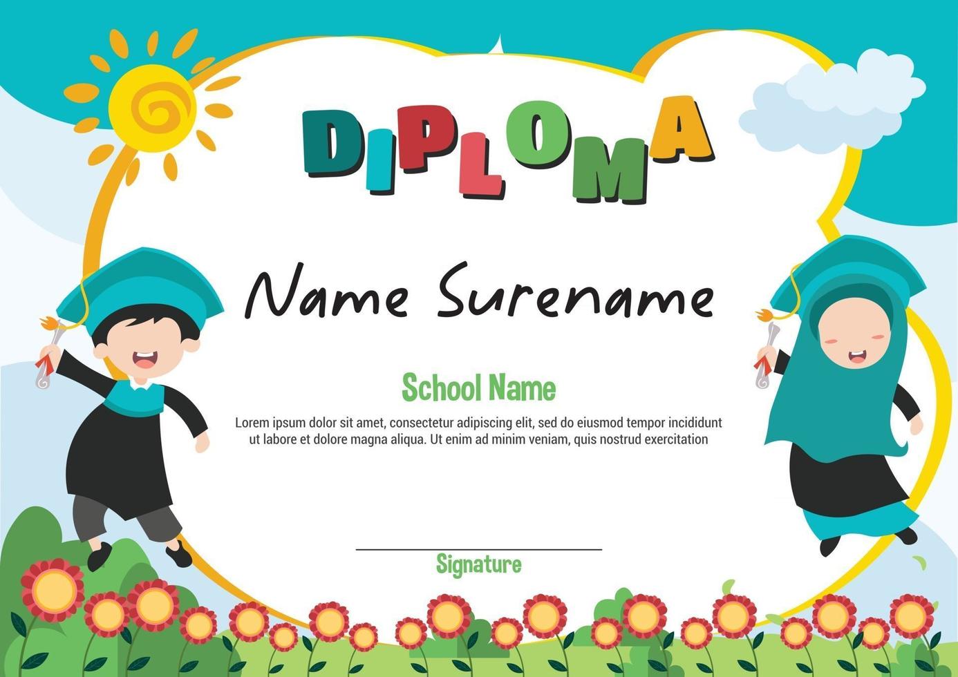 School and preschool diploma template certificate and awards for kids award apretiation with happy little school kid girl jump vector