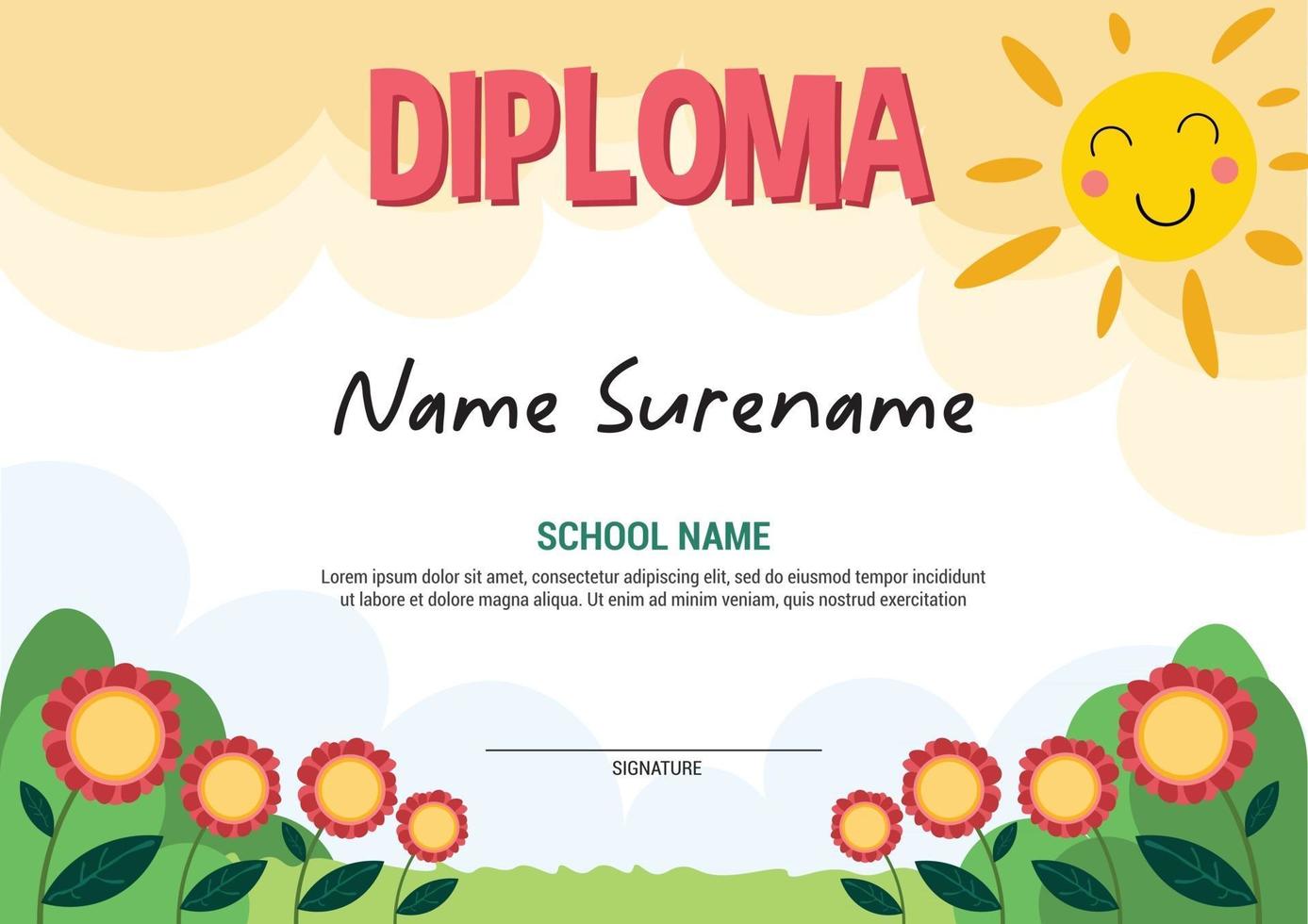 School diploma template certificate and awards for kids award apretiation flowers vector