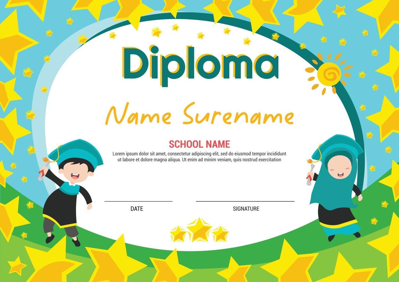 multi purpose school diploma certificate template kids awards with stars and kids muslim jump vector