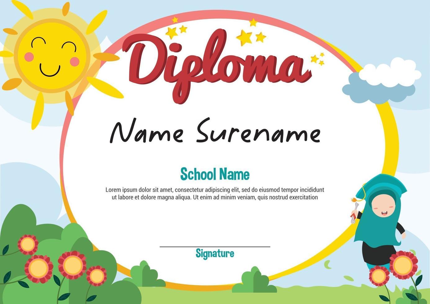 School and preschool diploma template certificate and awards for kids award apretiation with happy little school kid girl muslim character vector