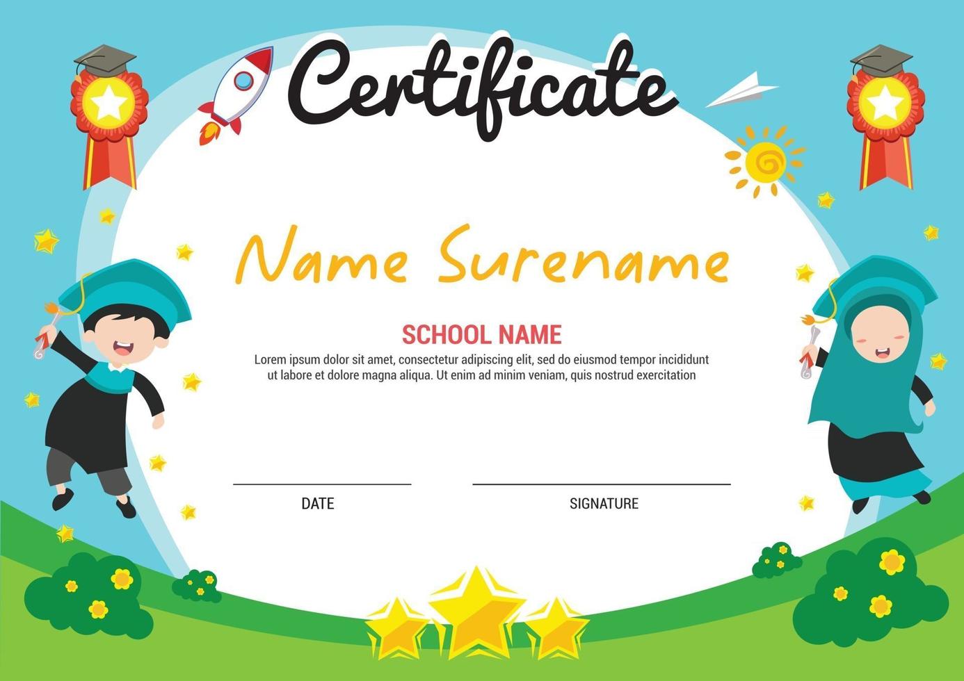 multi purpose school diploma certificate template kids awards with medal and kids muslim jump vector