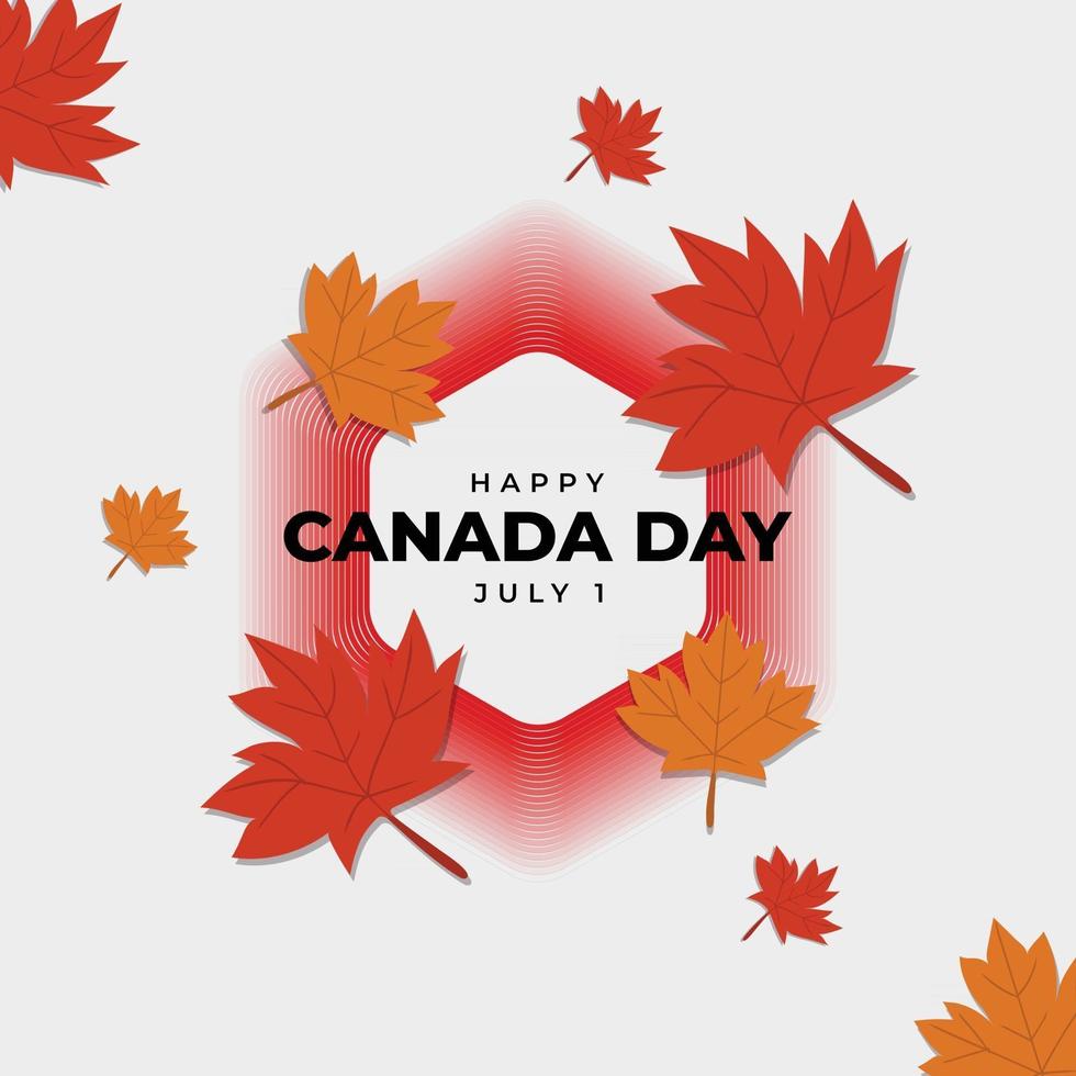 Poster of celebration of Canada day on the red shades hexagon background. In poster red and orange maple leaves vector