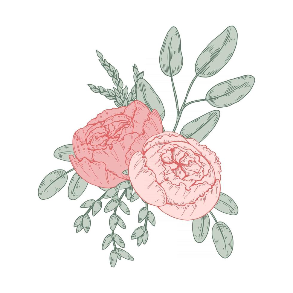 Hand drawn bunch of flowers. Vector illustration. Wedding floristry design element