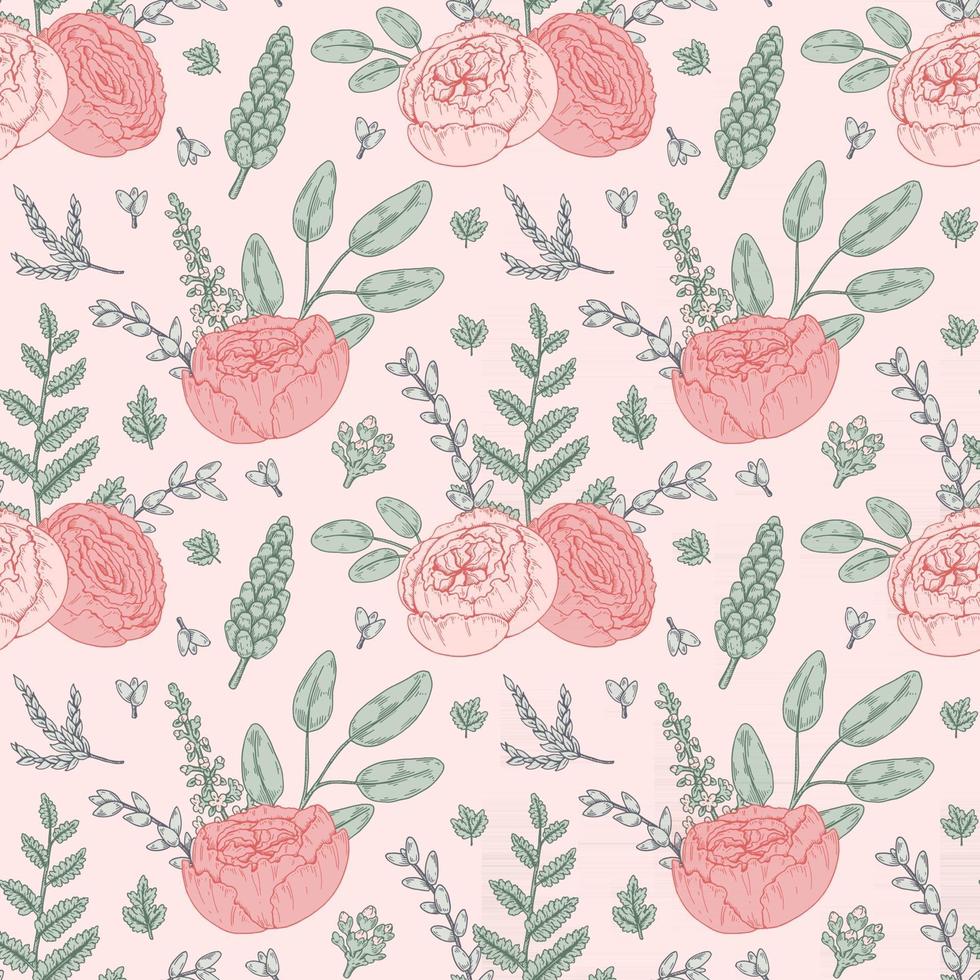 Hand drawn botany seamless pattern with pink gentle flowers. Vector illustration