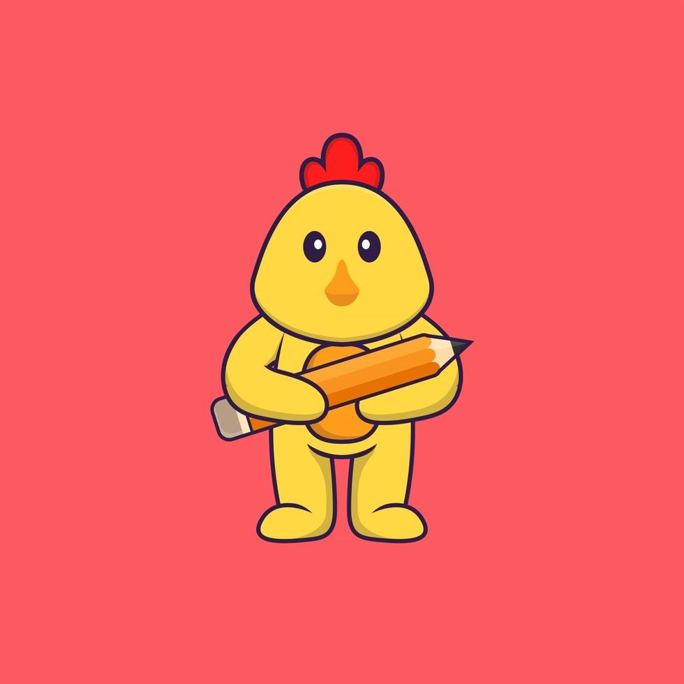 Cute chicken holding a pencil. Animal cartoon concept isolated. Can used for t-shirt, greeting card, invitation card or mascot. Flat Cartoon Style vector