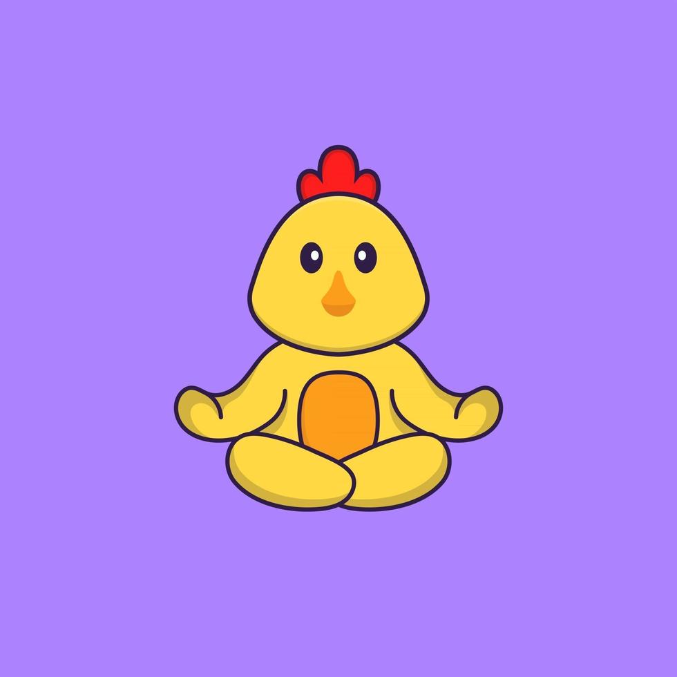 Cute chicken is meditating or doing yoga. Animal cartoon concept isolated. Can used for t-shirt, greeting card, invitation card or mascot. Flat Cartoon Style vector