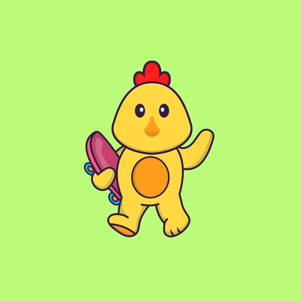 Cute chicken holding a skateboard. Animal cartoon concept isolated. Can used for t-shirt, greeting card, invitation card or mascot. Flat Cartoon Style vector