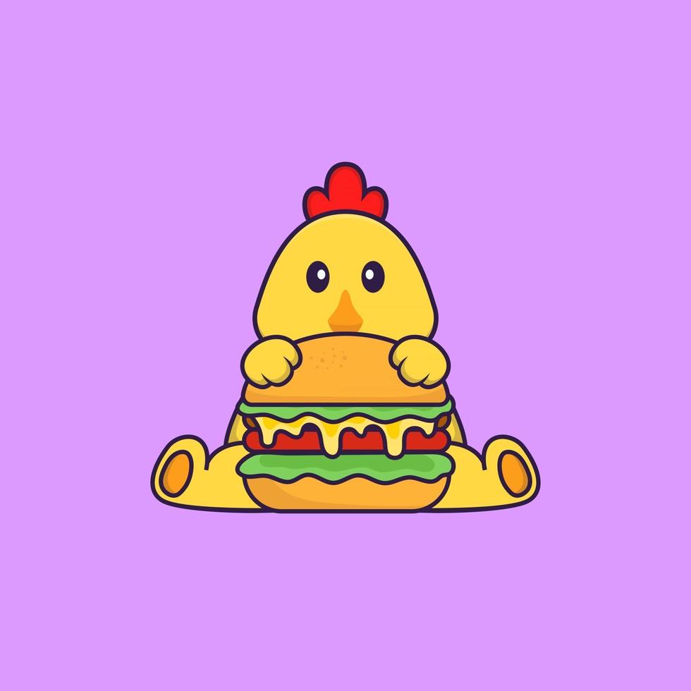 Cute chicken eating burger. Animal cartoon concept isolated. Can used for t-shirt, greeting card, invitation card or mascot. Flat Cartoon Style vector