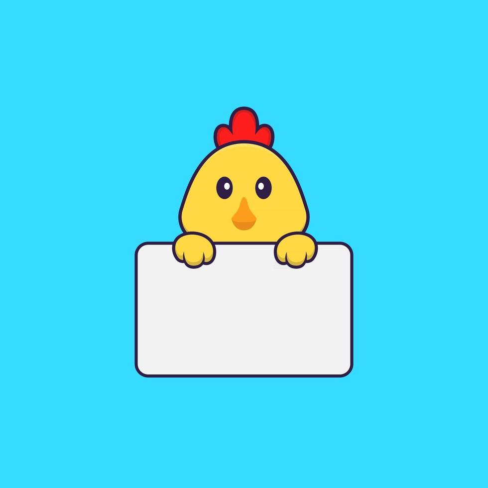 Cute chicken holding whiteboard. Animal cartoon concept isolated. Can used for t-shirt, greeting card, invitation card or mascot. Flat Cartoon Style vector