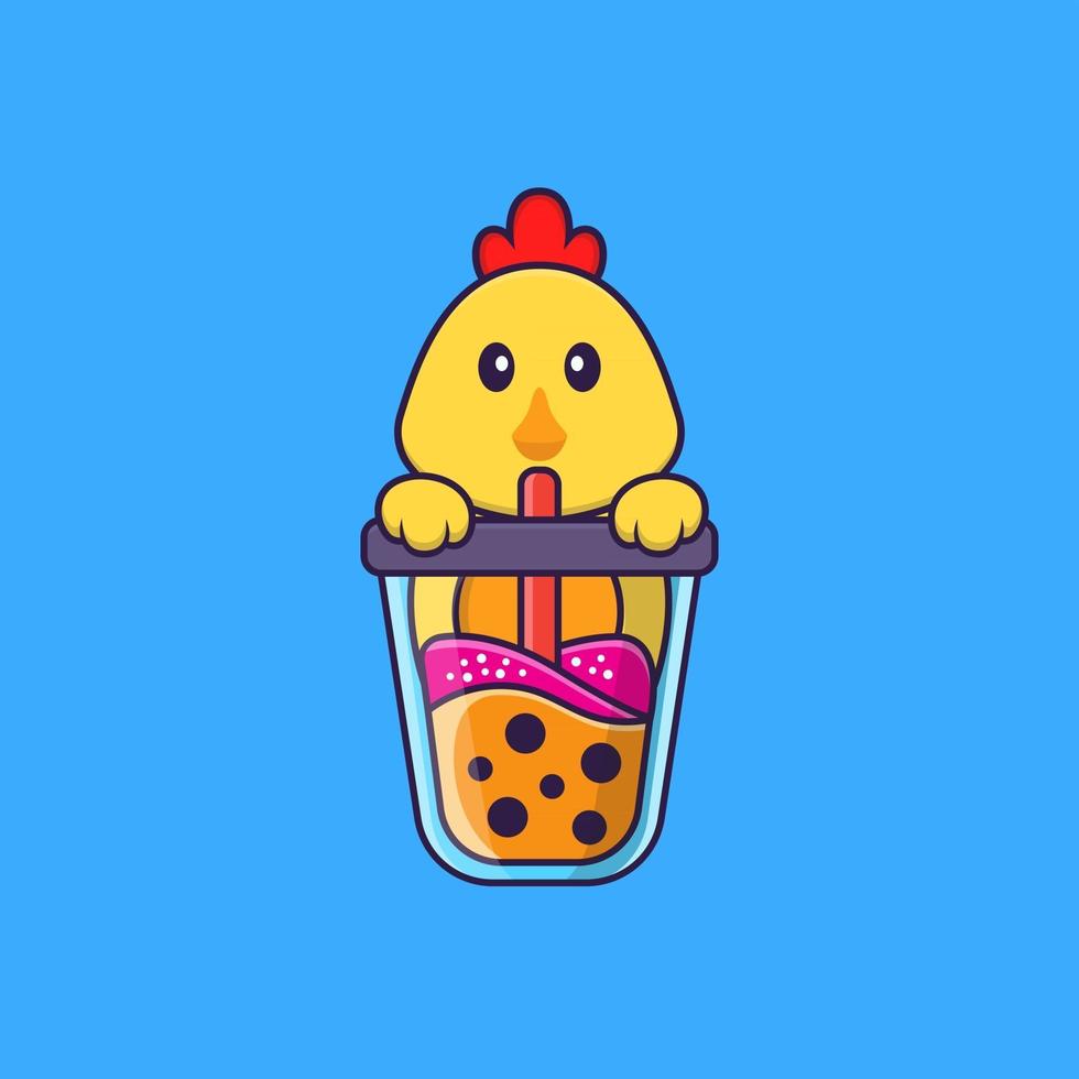 Cute chicken Drinking Boba milk tea. Animal cartoon concept isolated. Can used for t-shirt, greeting card, invitation card or mascot. Flat Cartoon Style vector