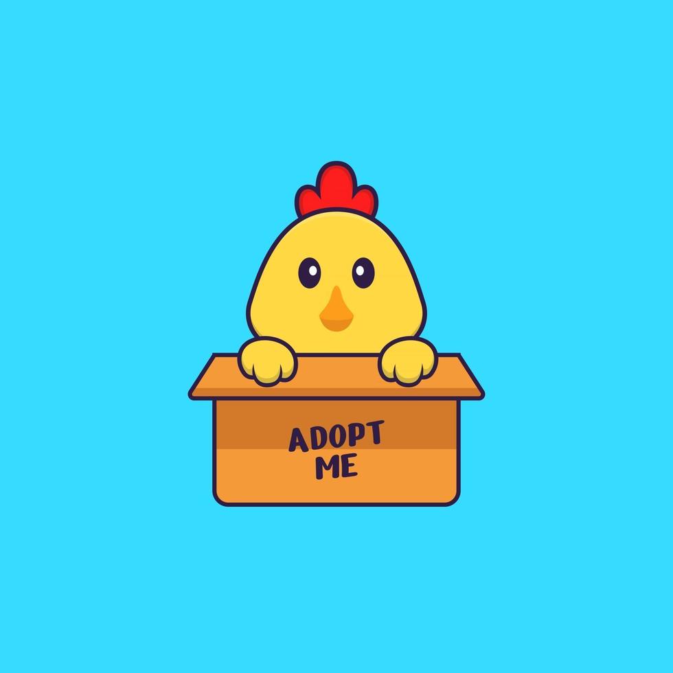 Cute chicken in box with a poster Adopt me. Animal cartoon concept isolated. Can used for t-shirt, greeting card, invitation card or mascot. Flat Cartoon Style vector