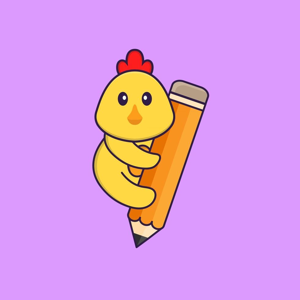 lindo pollo sosteniendo un lápiz. aislado concepto de dibujos animados de animales. Puede utilizarse para camiseta, tarjeta de felicitación, tarjeta de invitación o mascota. estilo de dibujos animados plana vector