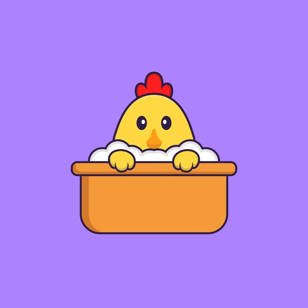 Cute chicken taking a bath in the bathtub. Animal cartoon concept isolated. Can used for t-shirt, greeting card, invitation card or mascot. Flat Cartoon Style vector