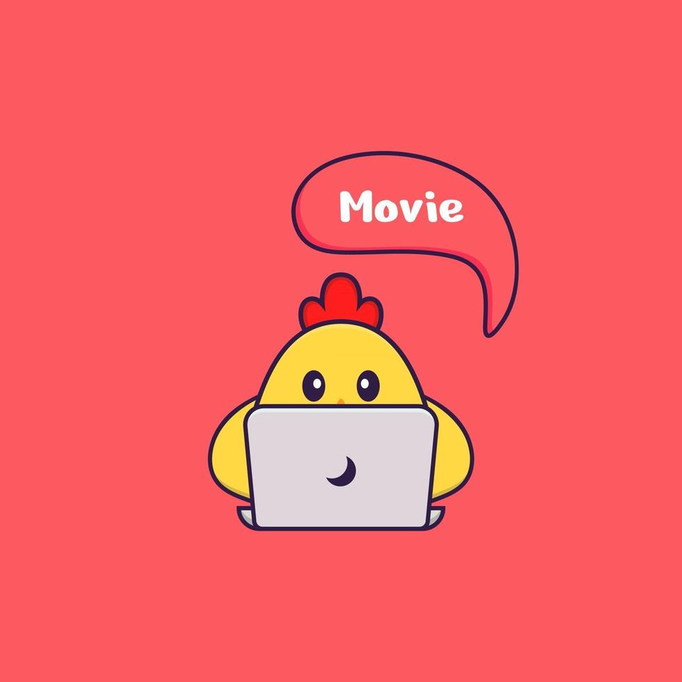 Cute chicken is watching a movie. Animal cartoon concept isolated. Can used for t-shirt, greeting card, invitation card or mascot. Flat Cartoon Style vector