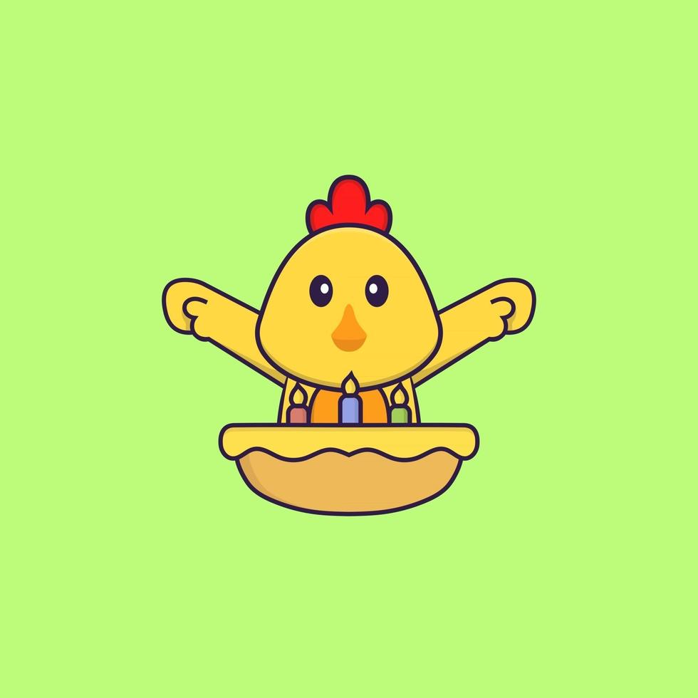 Cute chicken with birthday cake. Animal cartoon concept isolated. Can used for t-shirt, greeting card, invitation card or mascot. Flat Cartoon Style vector