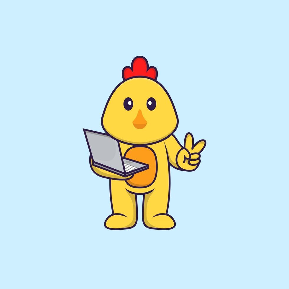 Cute chicken holding laptop. Animal cartoon concept isolated. Can used for t-shirt, greeting card, invitation card or mascot. Flat Cartoon Style vector