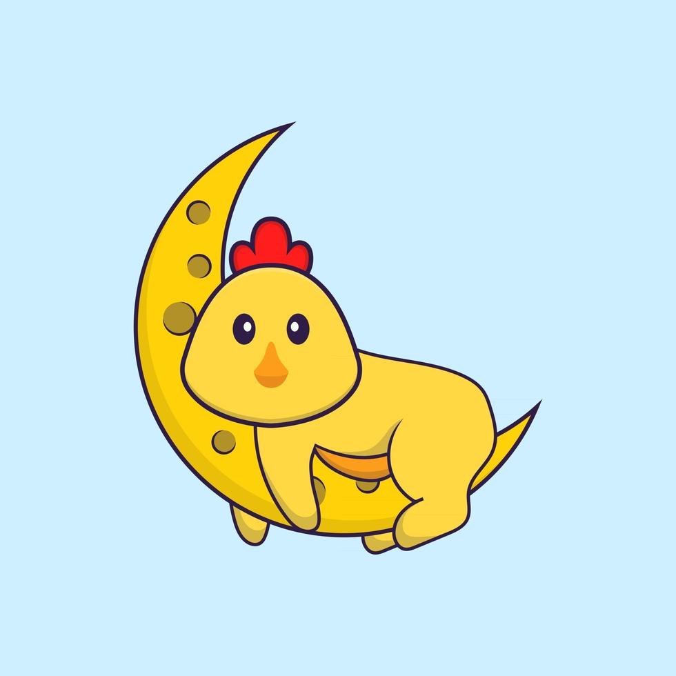 Cute chicken is on the moon. Animal cartoon concept isolated. Can used for t-shirt, greeting card, invitation card or mascot. Flat Cartoon Style vector
