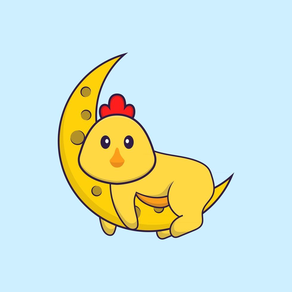 lindo pollo está en la luna. aislado concepto de dibujos animados de animales. Puede utilizarse para camiseta, tarjeta de felicitación, tarjeta de invitación o mascota. estilo de dibujos animados plana vector