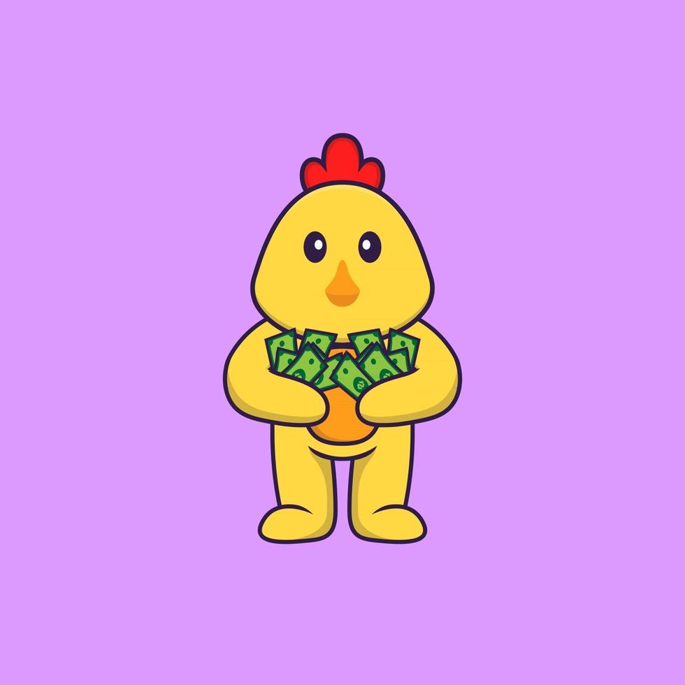 Cute chicken holding money. Animal cartoon concept isolated. Can used for t-shirt, greeting card, invitation card or mascot. Flat Cartoon Style vector