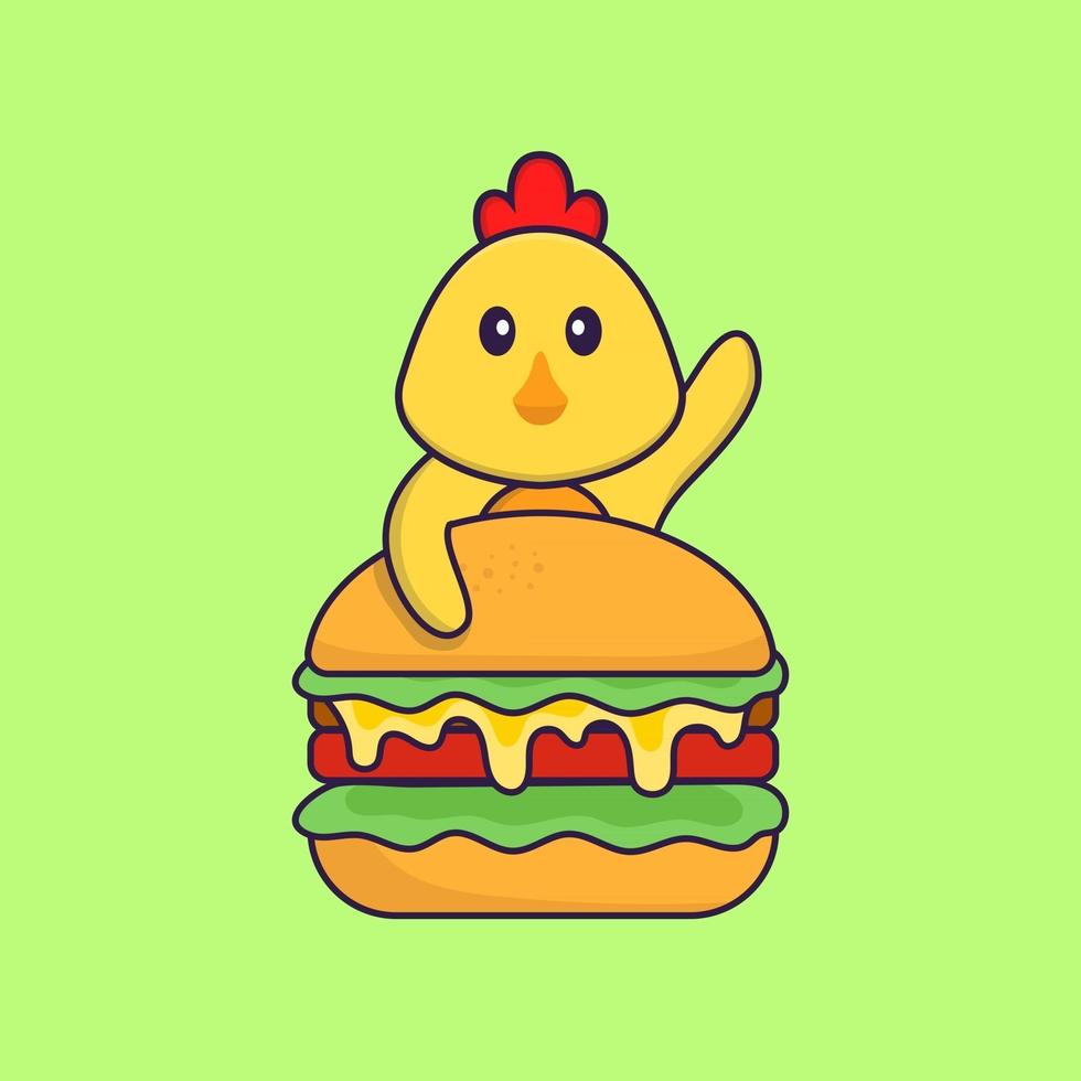 Cute chicken eating burger. Animal cartoon concept isolated. Can used for t-shirt, greeting card, invitation card or mascot. Flat Cartoon Style vector