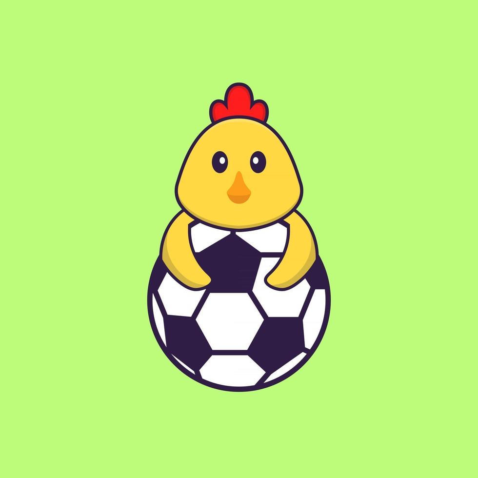 Cute chicken playing soccer. Animal cartoon concept isolated. Can used for t-shirt, greeting card, invitation card or mascot. Flat Cartoon Style vector