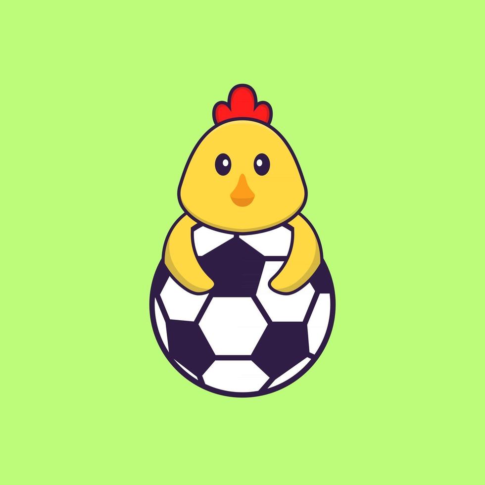 lindo pollo jugando al fútbol. aislado concepto de dibujos animados de animales. Puede utilizarse para camiseta, tarjeta de felicitación, tarjeta de invitación o mascota. estilo de dibujos animados plana vector