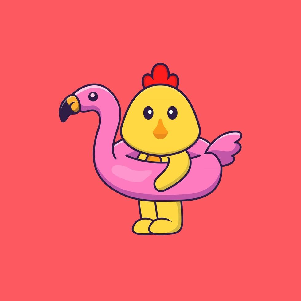 lindo pollo con boya flamingo. aislado concepto de dibujos animados de animales. Puede utilizarse para camiseta, tarjeta de felicitación, tarjeta de invitación o mascota. estilo de dibujos animados plana vector