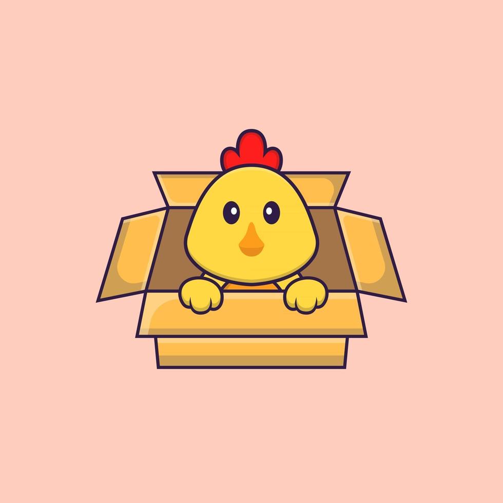 Cute chicken Playing In Box. Animal cartoon concept isolated. Can used for t-shirt, greeting card, invitation card or mascot. Flat Cartoon Style vector