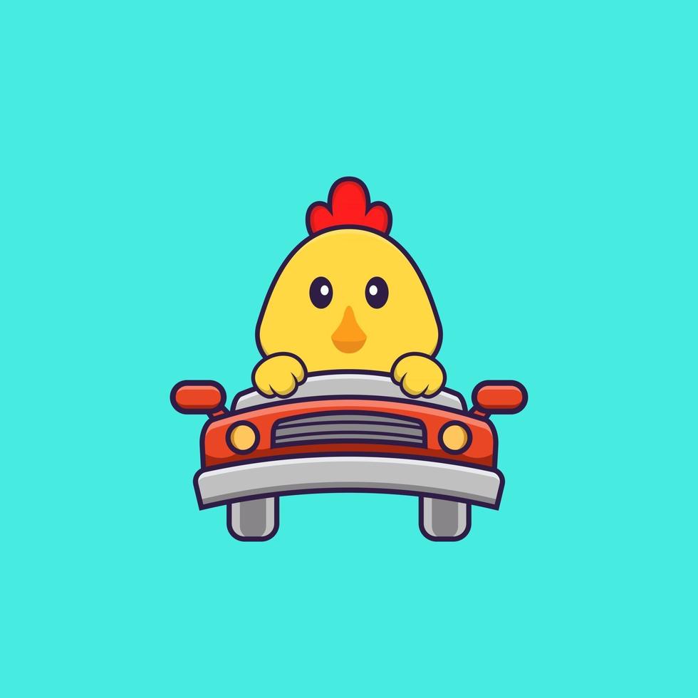 Cute chicken is driving. Animal cartoon concept isolated. Can used for t-shirt, greeting card, invitation card or mascot. Flat Cartoon Style vector