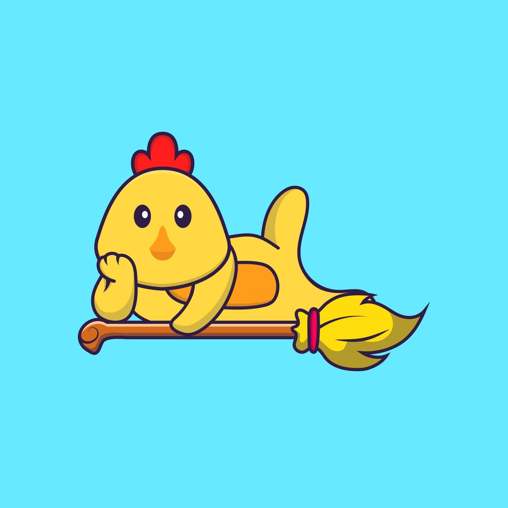 Cute chicken lying on Magic Broom. Animal cartoon concept isolated. Can