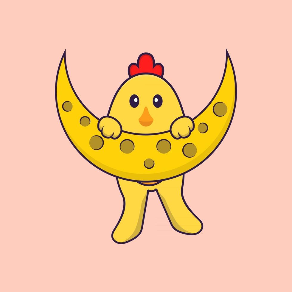 Cute chicken is on the moon. Animal cartoon concept isolated. Can used for t-shirt, greeting card, invitation card or mascot. Flat Cartoon Style vector