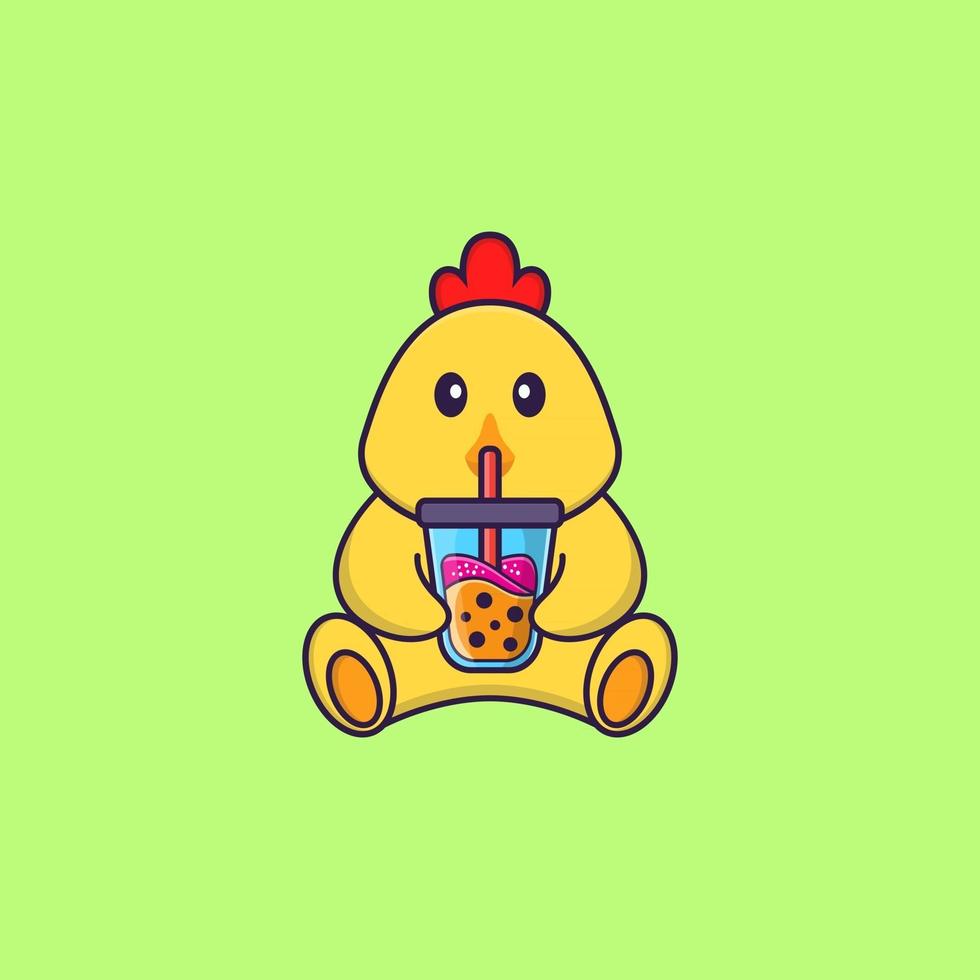 lindo pollo bebiendo té con leche de boba. aislado concepto de dibujos animados de animales. Puede utilizarse para camiseta, tarjeta de felicitación, tarjeta de invitación o mascota. estilo de dibujos animados plana vector