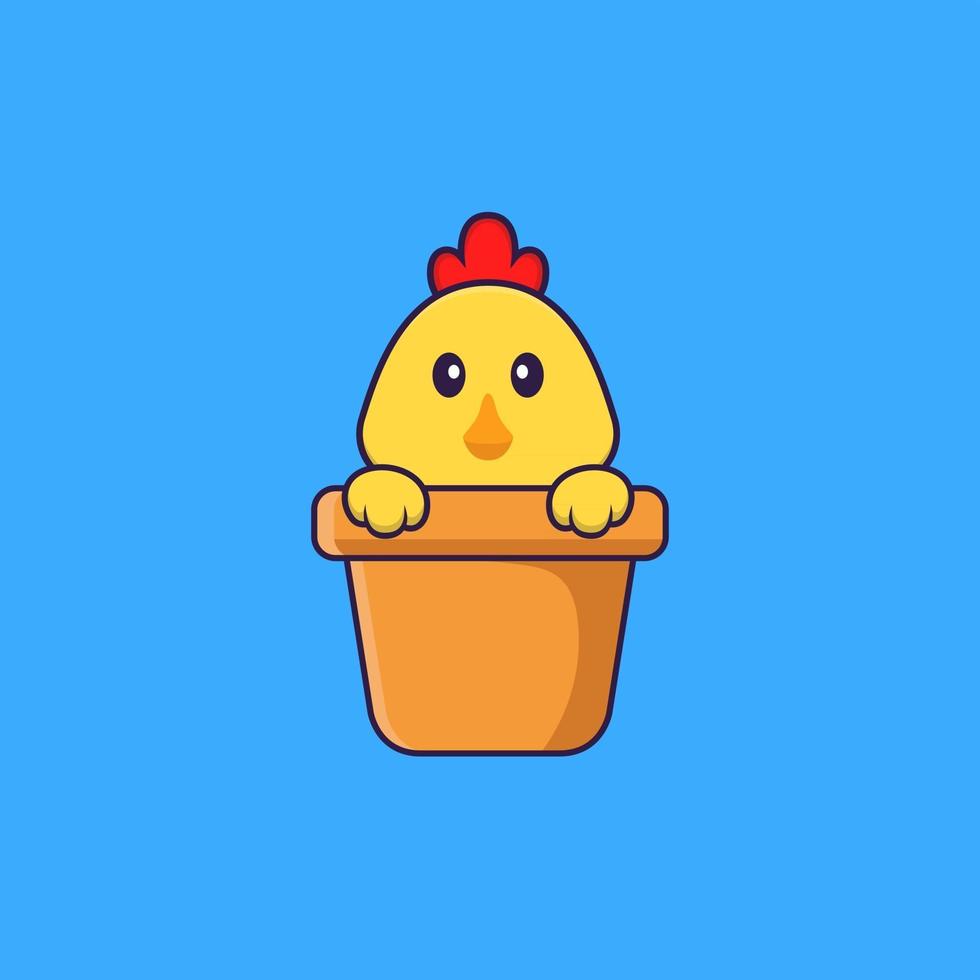 Cute chicken in a flower vase. Animal cartoon concept isolated. Can used for t-shirt, greeting card, invitation card or mascot. Flat Cartoon Style vector