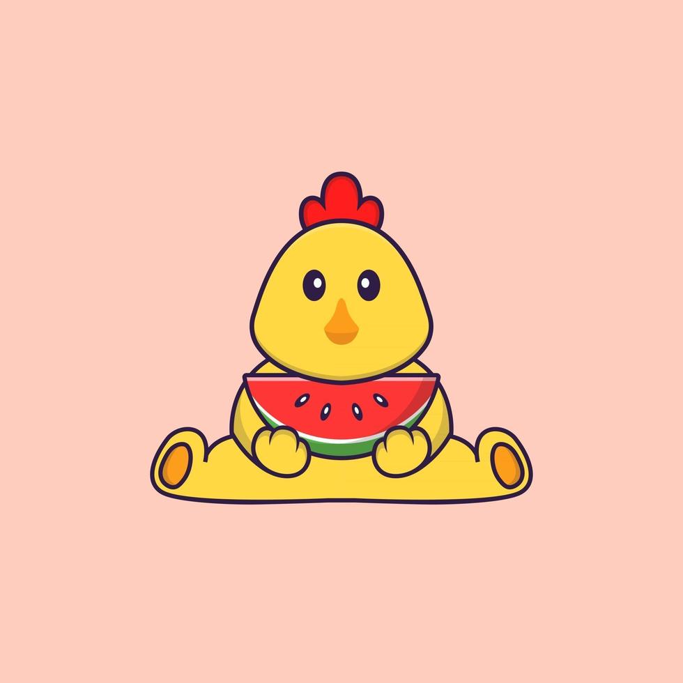 Cute chicken eating watermelon. Animal cartoon concept isolated. Can used for t-shirt, greeting card, invitation card or mascot. Flat Cartoon Style vector