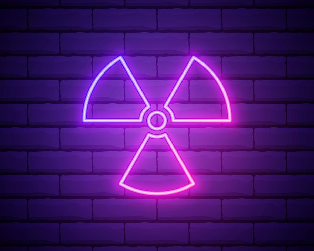 icono radiactivo de neón brillante aislado sobre fondo de pared de ladrillo. símbolo tóxico radiactivo. señal de peligro de radiación. ilustración vectorial vector