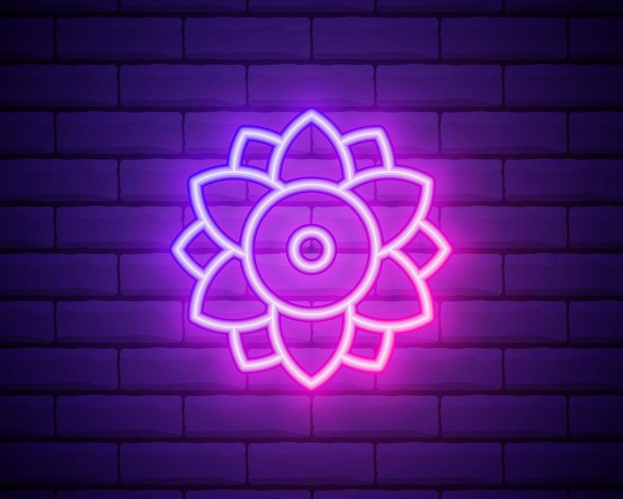 flor rosa brillante neón ui ux icono. vector de logotipo de signo brillante. flor brillante aislada sobre fondo de pared de ladrillo.