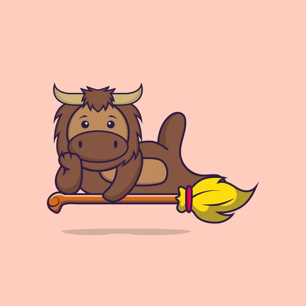 Cute bull lying on Magic Broom. Animal cartoon concept isolated. Can used for t-shirt, greeting card, invitation card or mascot. Flat Cartoon Style vector