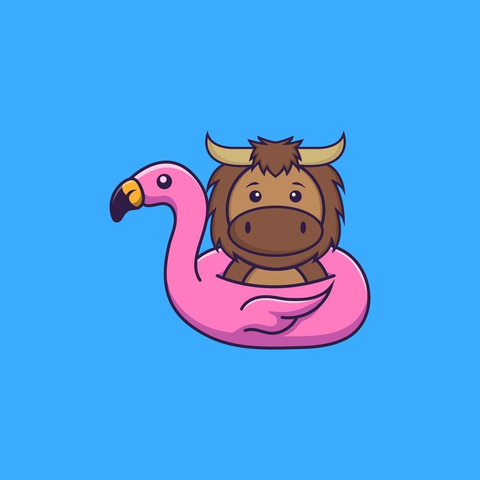 Cute bull With flamingo buoy. Animal cartoon concept isolated. Can used for t-shirt, greeting card, invitation card or mascot. Flat Cartoon Style vector