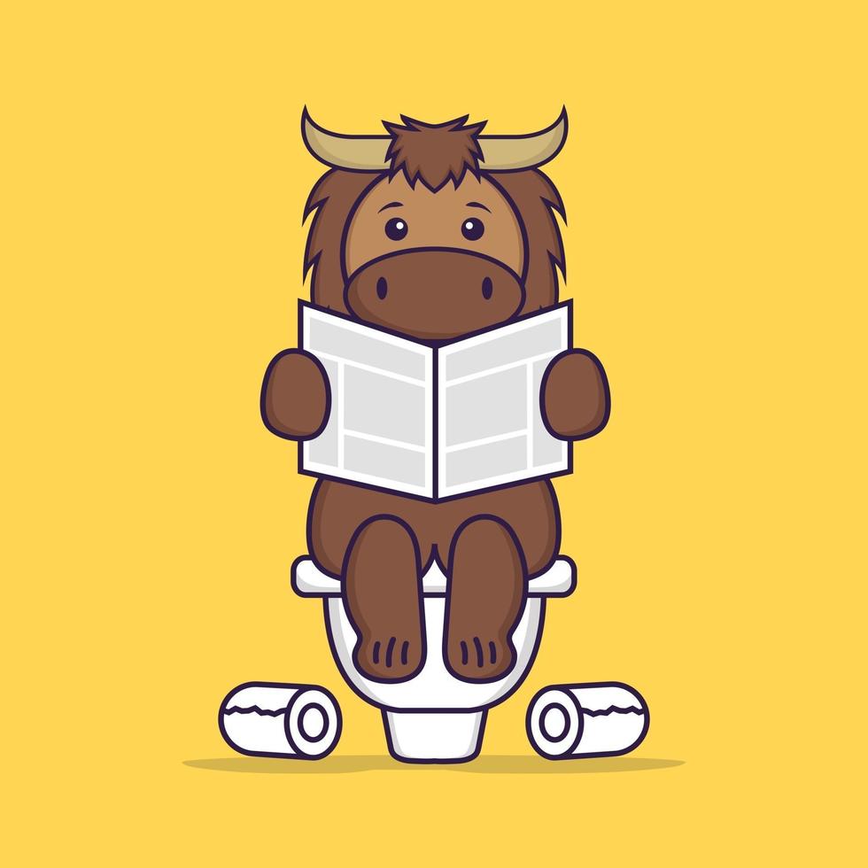 Cute bull Pooping On Toilet and read newspaper. Animal cartoon concept isolated. Can used for t-shirt, greeting card, invitation card or mascot. Flat Cartoon Style vector