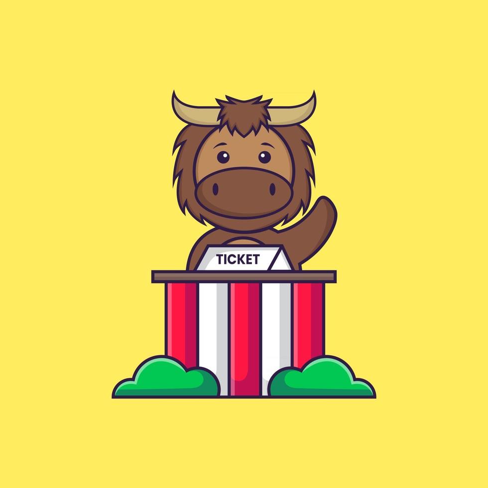 Cute bull is being a ticket keeper. Animal cartoon concept isolated. Can used for t-shirt, greeting card, invitation card or mascot. Flat Cartoon Style vector